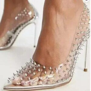 Steve Madden Clear Spike Stilettos 8 Metallic Silver Heels Glam Edgy Studded